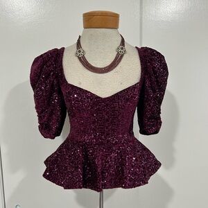 Amanda Uprichard Babydoll Top Purple Full Sequined Puff Sleeve Peplum Party Top